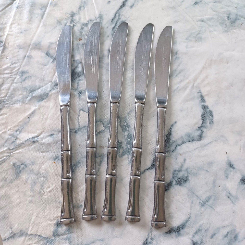 Vintage Faux Bamboo Stainless Steel Dinner Knives‎ Silver Set of 5 Serrated Edge